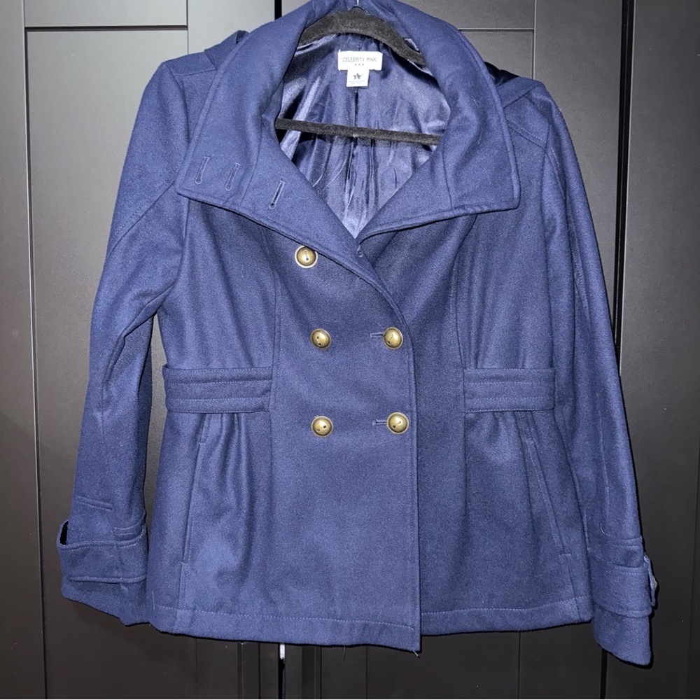 Celebrity Pink Navy Double-Breasted Peacoat with Pockets